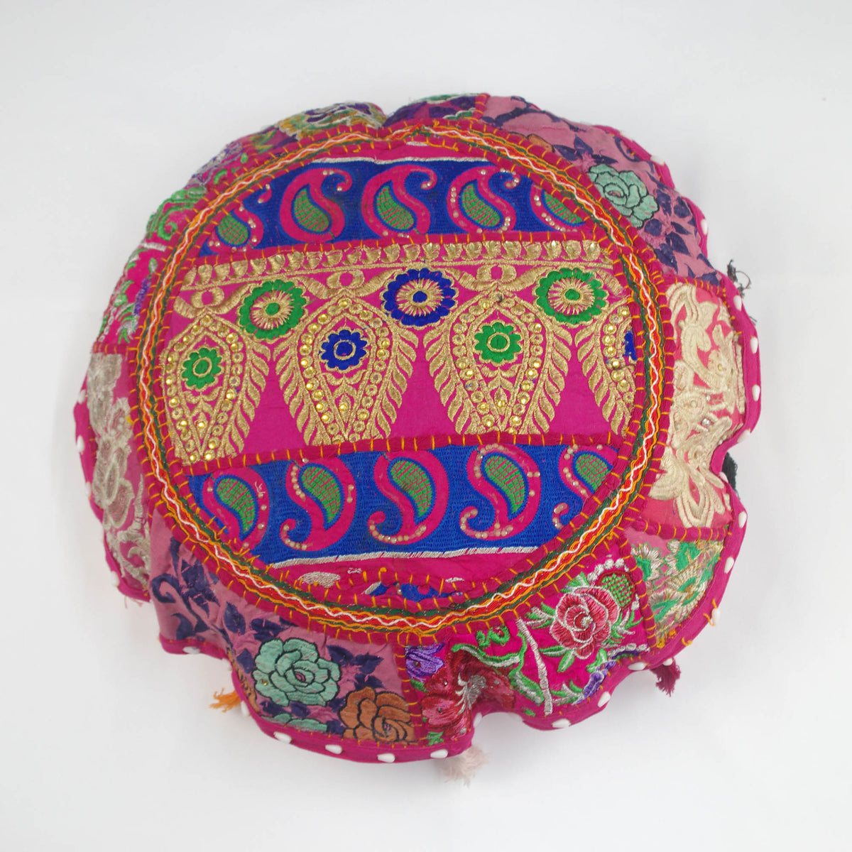 Pink Paisley Round Floor Embroidered Patchwork Pouf Ottoman Indian Vintage Cushion Cover 18"