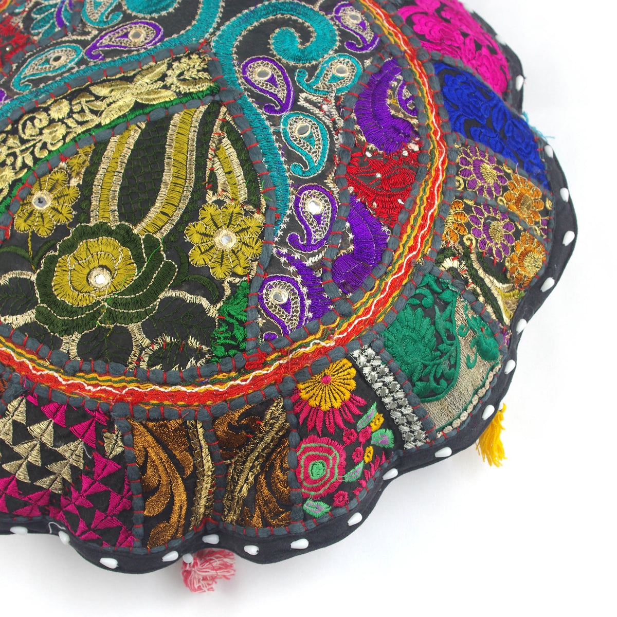 Black Multi Round Floor Embroidered Patchwork Pouf Ottoman Indian Vintage Cushion Cover 18"