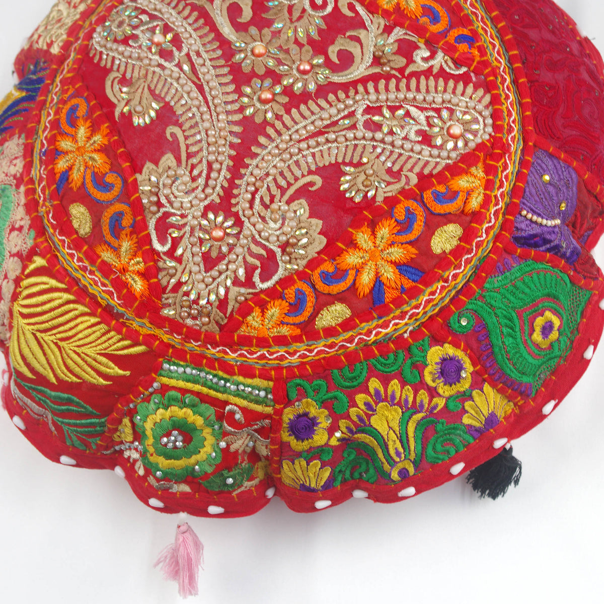 Red Beaded Paisley Round Floor Embroidered Patchwork Pouf Ottoman Indian Vintage Cushion Cover 18"
