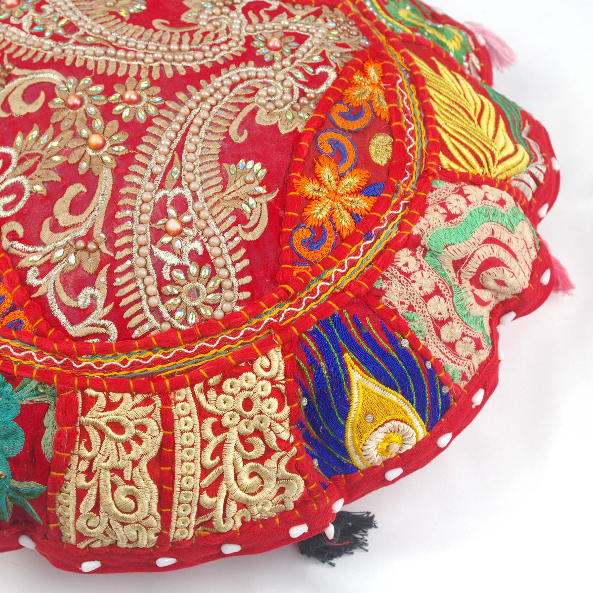 Red Beaded Paisley Round Floor Embroidered Patchwork Pouf Ottoman Indian Vintage Cushion Cover 18"