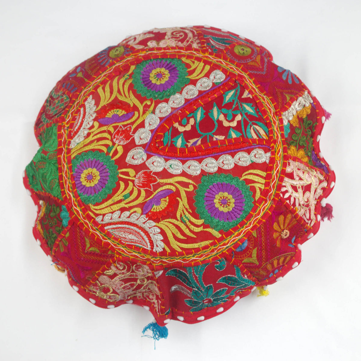 Red Floral Round Floor Embroidered Patchwork Pouf Ottoman Indian Vintage Cushion Cover 18"