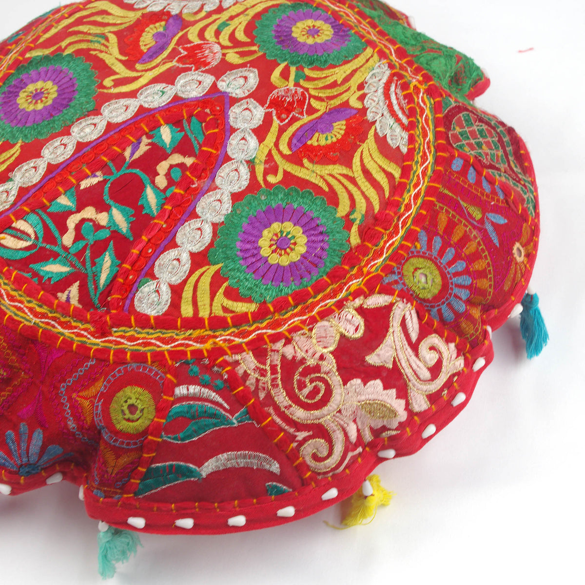 Red Floral Round Floor Embroidered Patchwork Pouf Ottoman Indian Vintage Cushion Cover 18"