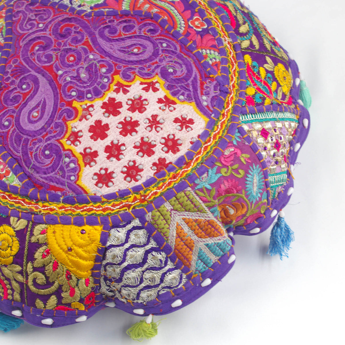 Purple Round Floor Embroidered Patchwork Pouf Ottoman Indian Vintage Cushion Cover 18"