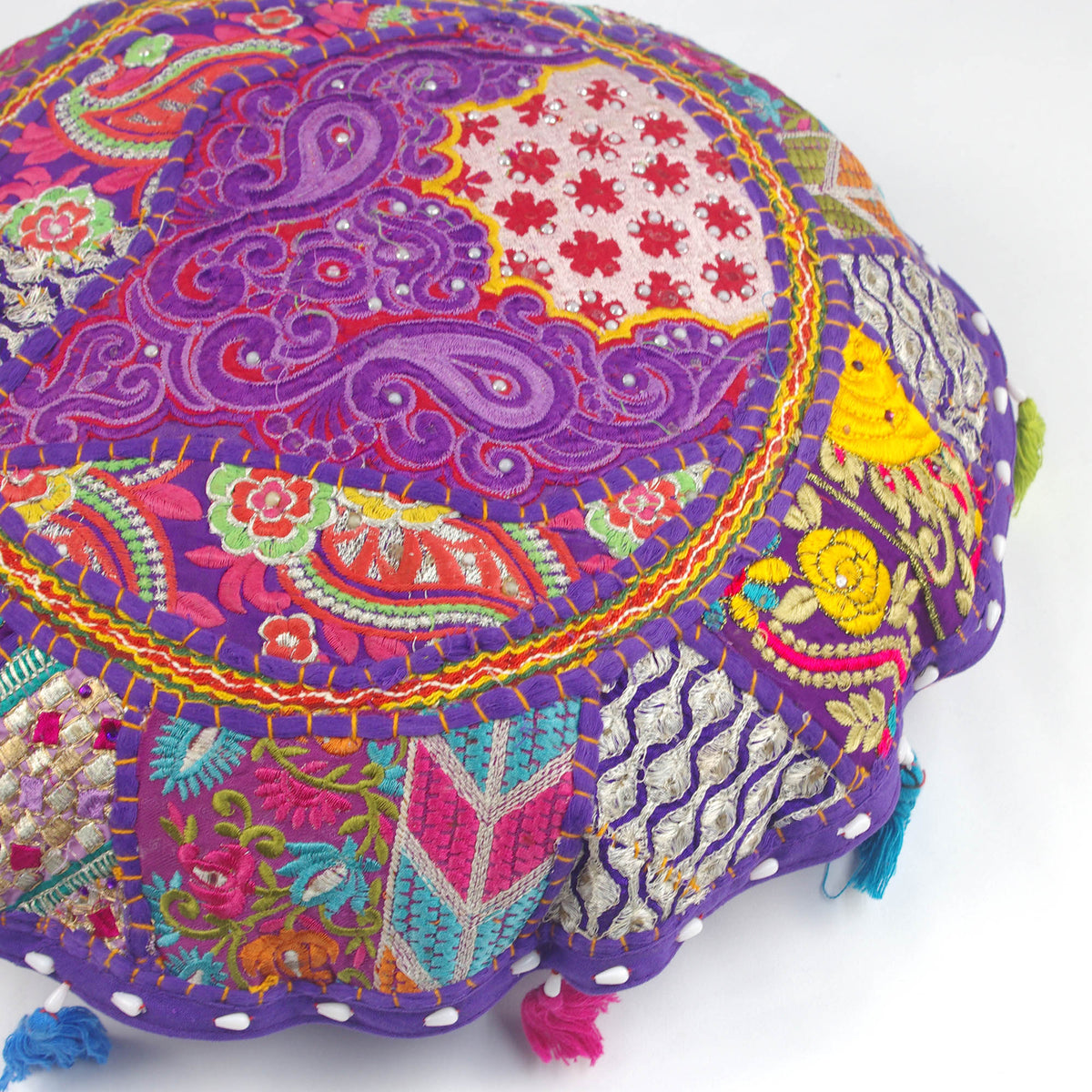 Purple Round Floor Embroidered Patchwork Pouf Ottoman Indian Vintage Cushion Cover 18"