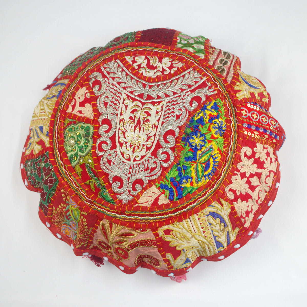Red Round Floor Embroidered Patchwork Pouf Ottoman Indian Vintage Cushion Cover 18"