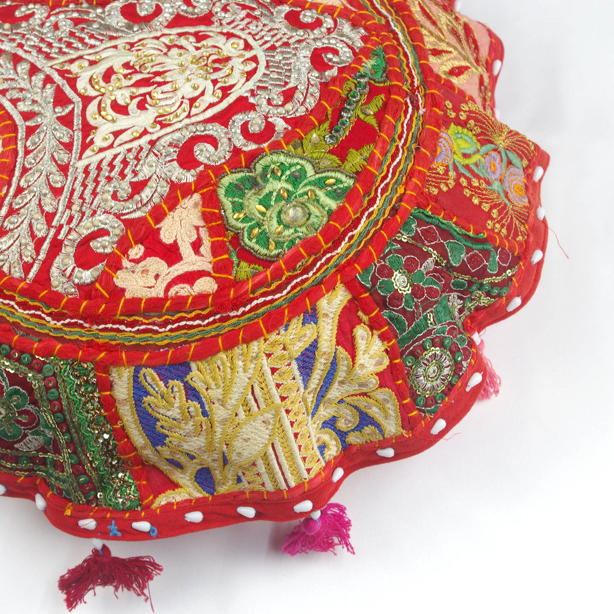 Red Round Floor Embroidered Patchwork Pouf Ottoman Indian Vintage Cushion Cover 18"