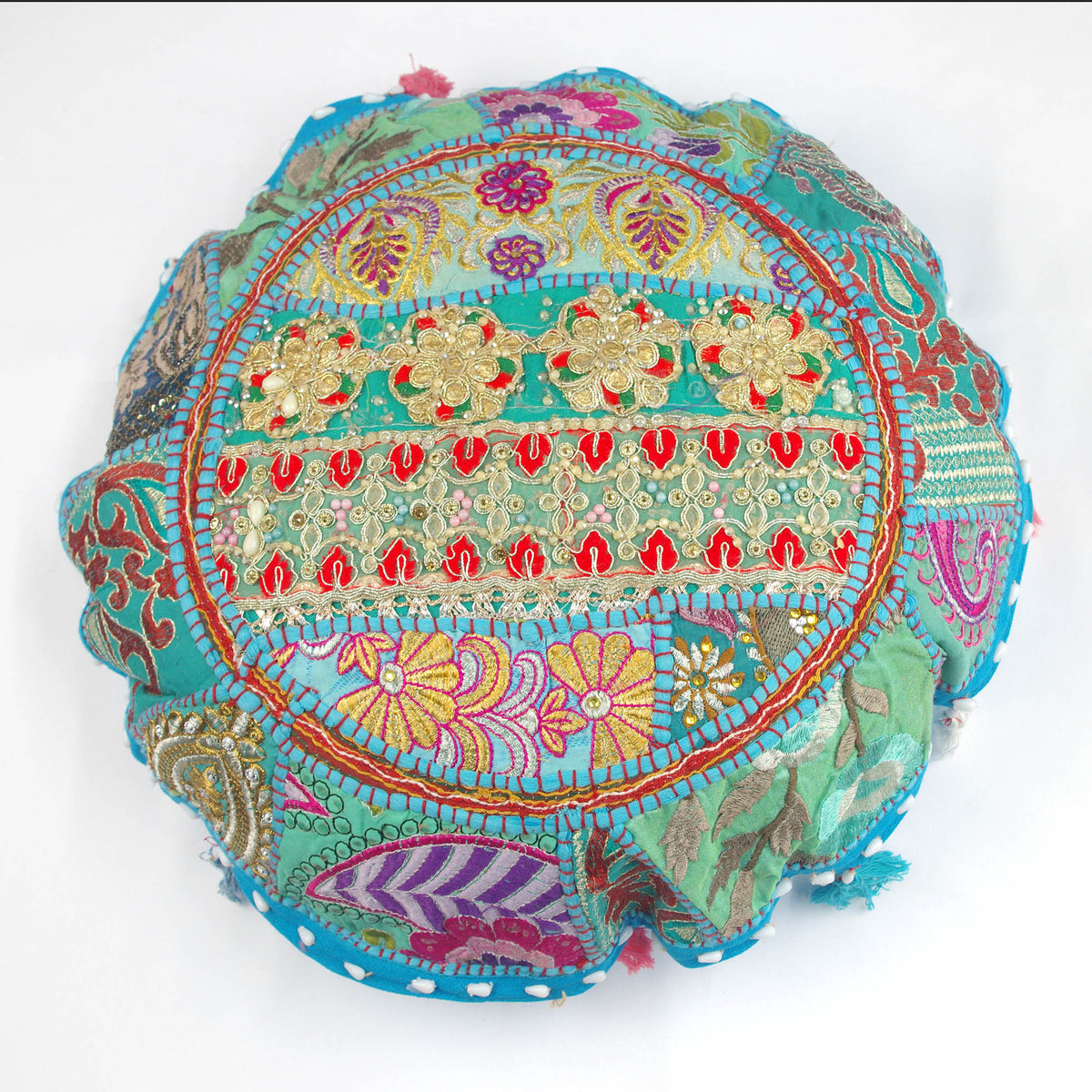 Sky Blue With Red Booti Round Floor Embroidered Patchwork Pouf Ottoman Indian Vintage Cushion Cover 18"