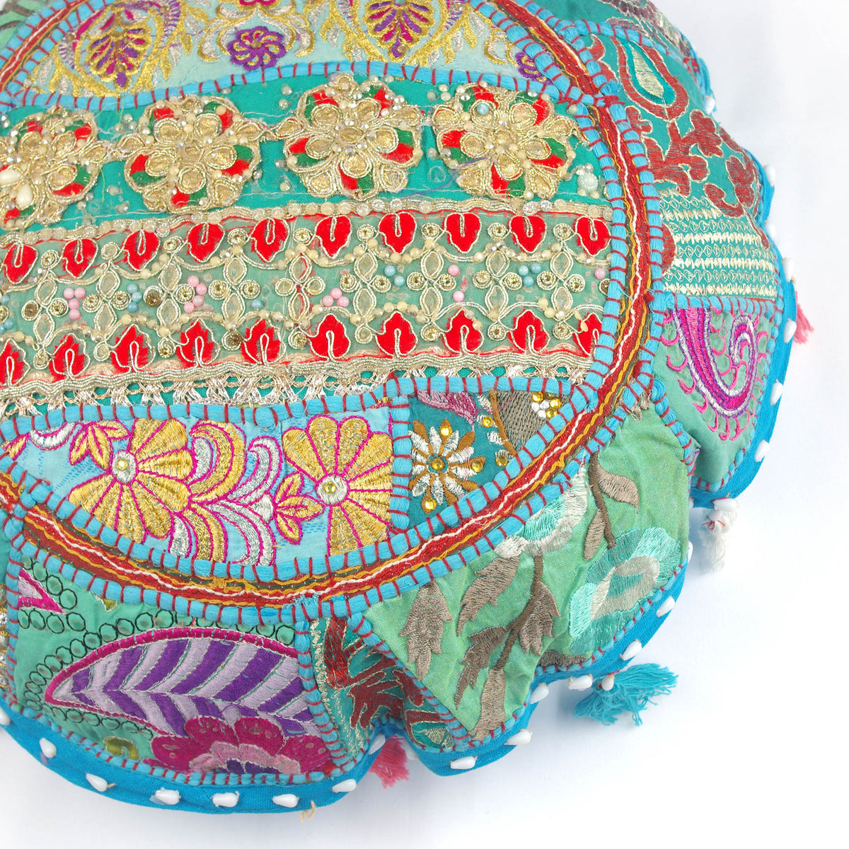 Sky Blue With Red Booti Round Floor Embroidered Patchwork Pouf Ottoman Indian Vintage Cushion Cover 18"