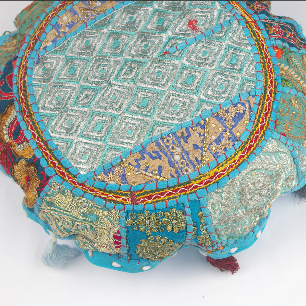 Sky Blue Flok Art Round Floor Embroidered Patchwork Pouf Ottoman Indian Vintage Cushion Cover 18"