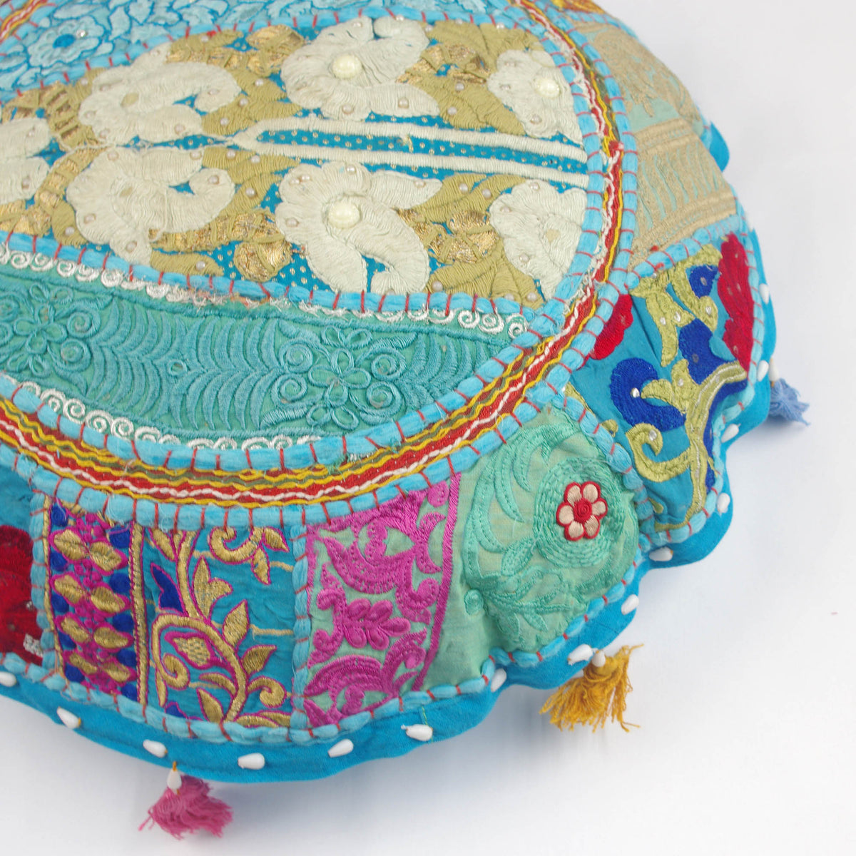 SkyBlue Kashmiri Round Floor Embroidered Patchwork Pouf Ottoman Indian Vintage Cushion Cover 18"