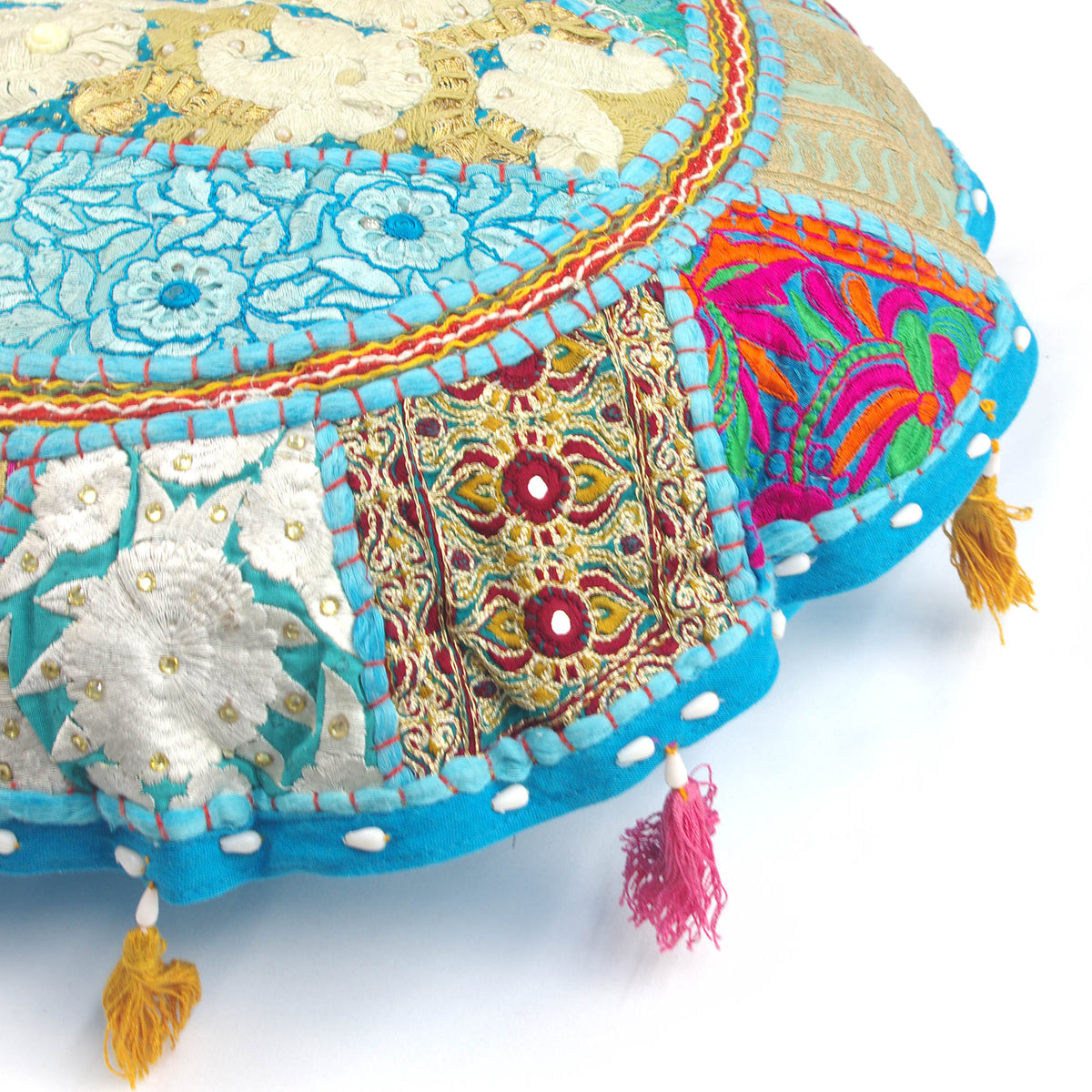 SkyBlue Kashmiri Round Floor Embroidered Patchwork Pouf Ottoman Indian Vintage Cushion Cover 18"