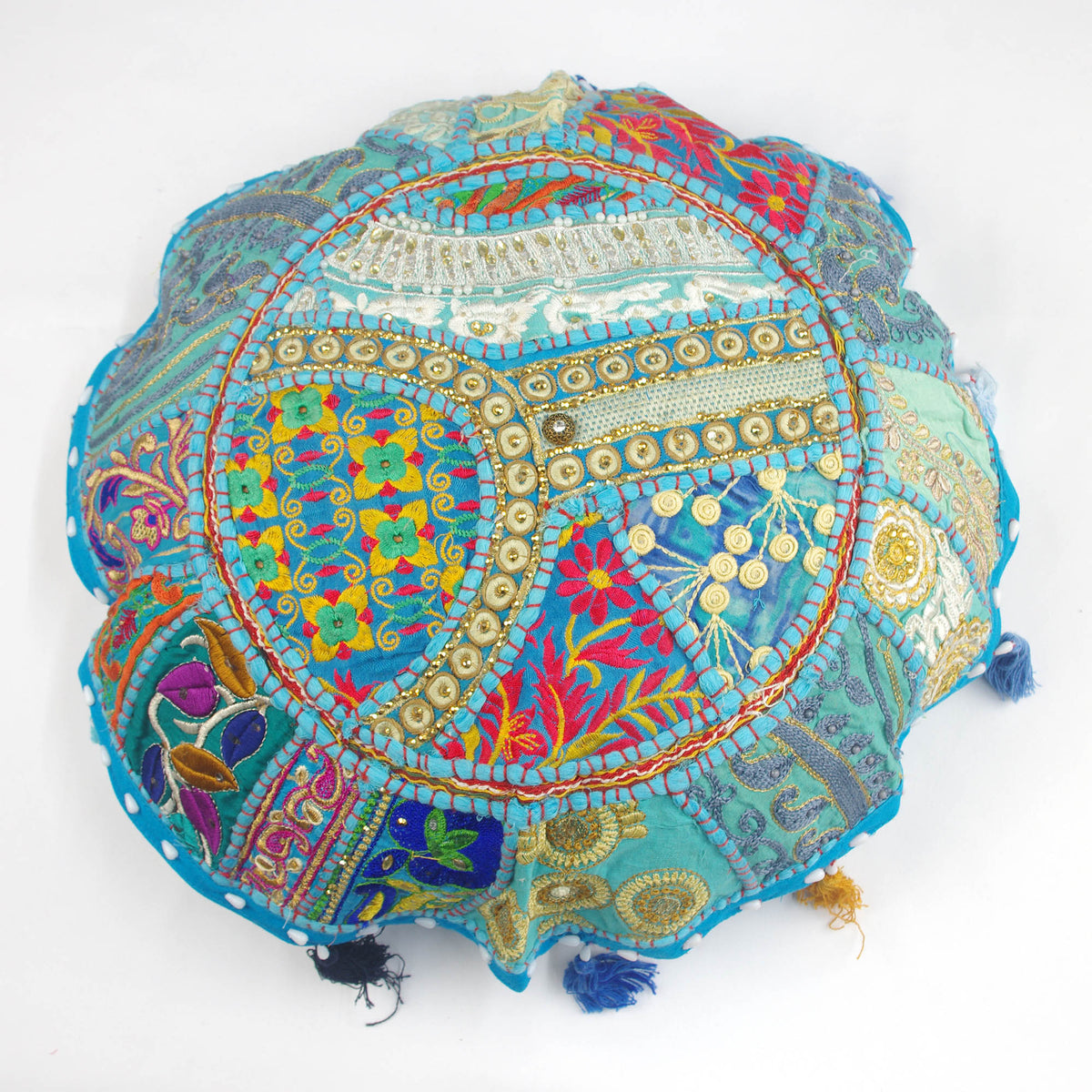 Sky Blue Beaded Round Floor Embroidered Patchwork Pouf Ottoman Indian Vintage Cushion Cover 18"