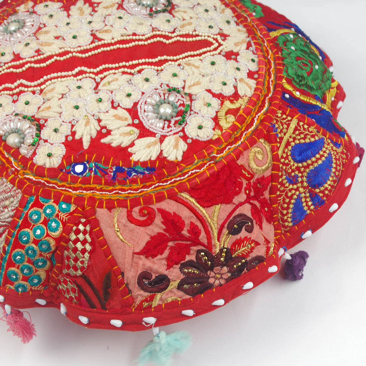 Red & Cream Round Floor Embroidered Patchwork Pouf Ottoman Indian Vintage Cushion Cover 18"