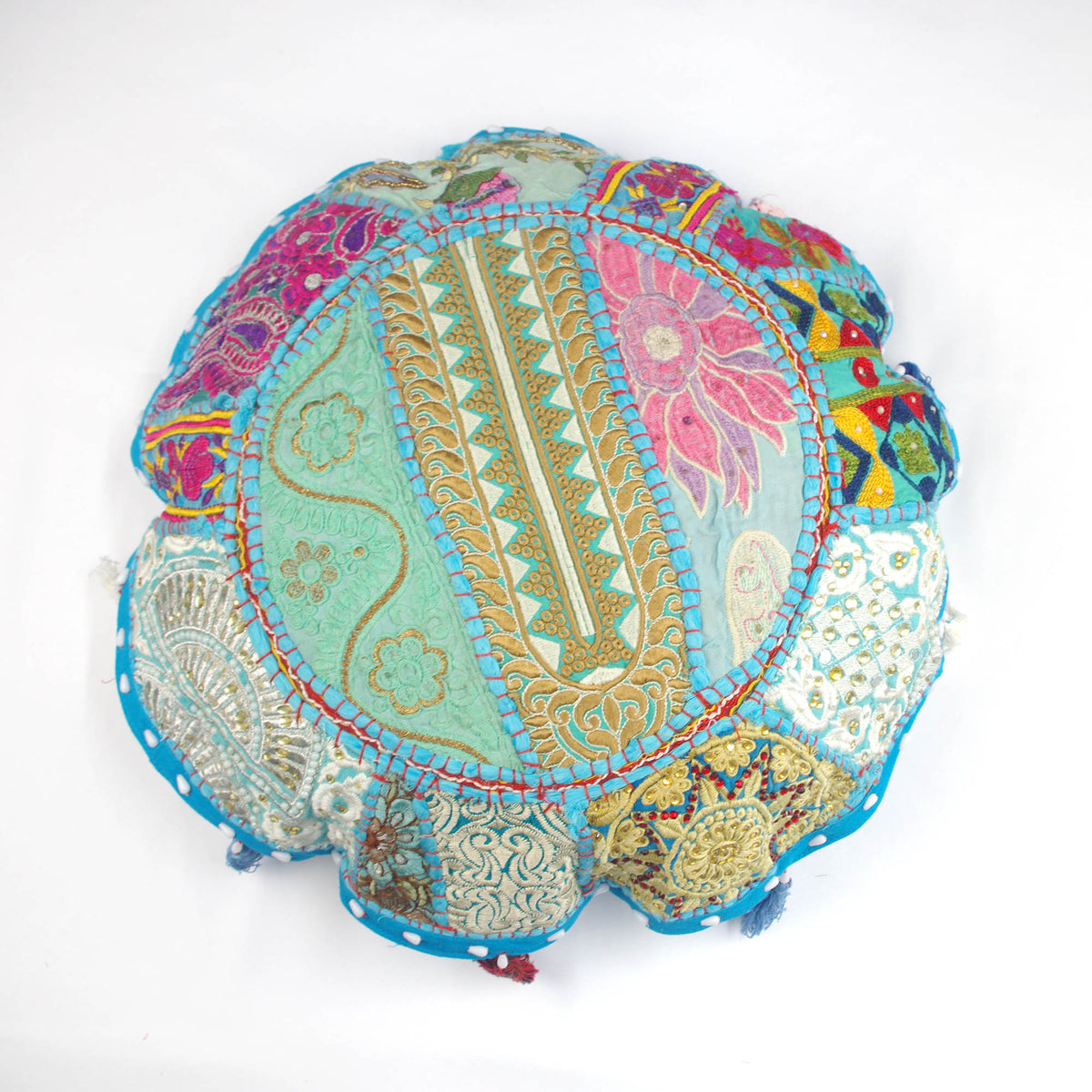 SkyBlue With Pink Flower Round Floor Embroidered Patchwork Pouf Ottoman Indian Vintage Cushion Cover 18"