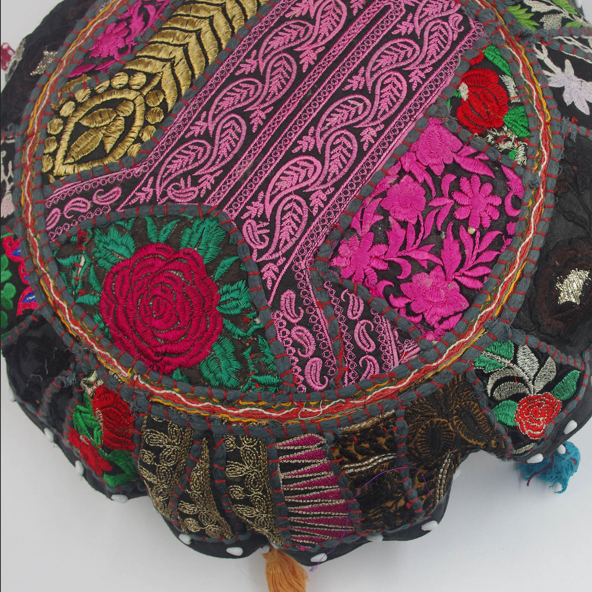 Round Black Floor Embroidered Patchwork Pouf Ottoman Indian Vintage Cushion Cover 18"