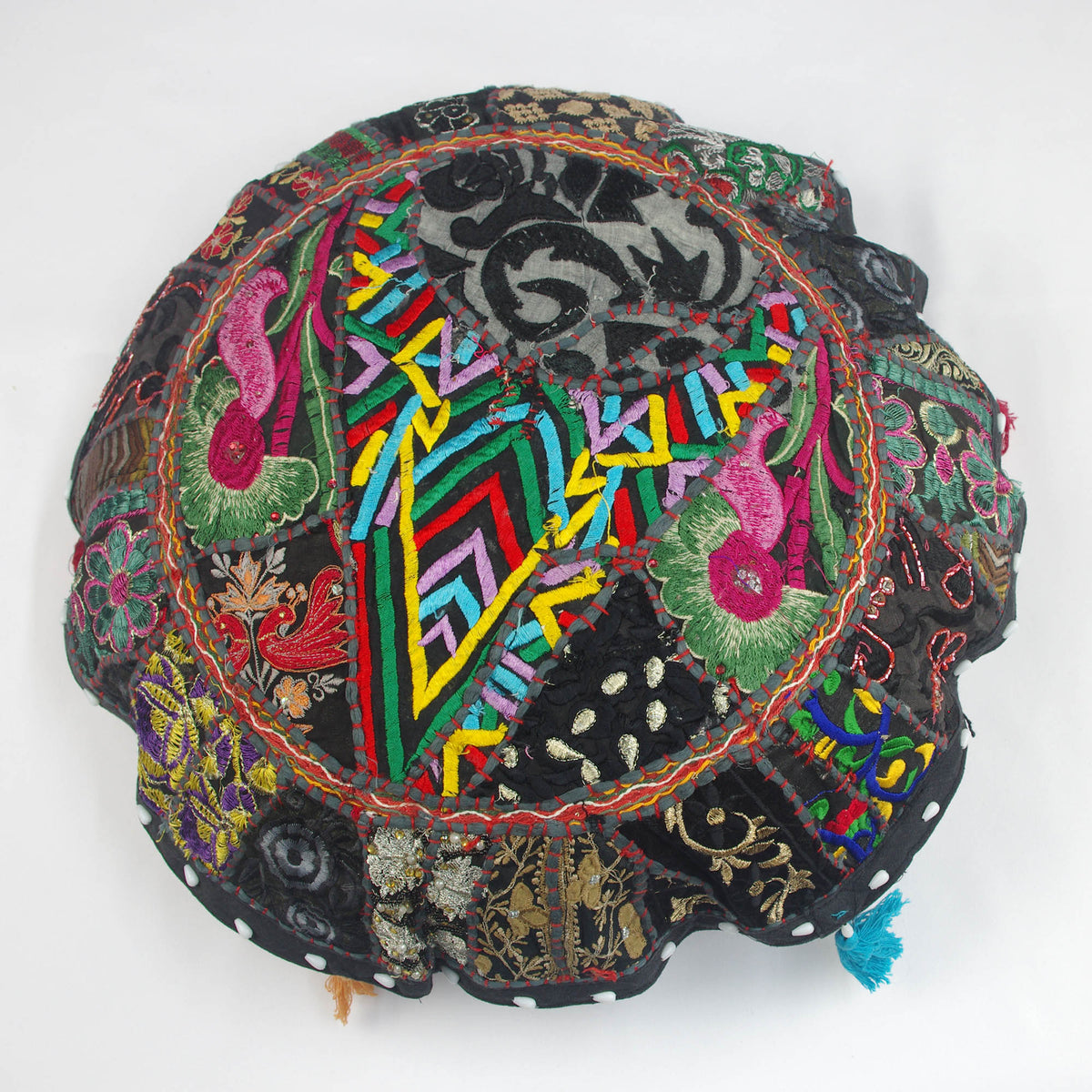 Black Multi Round Floor Embroidered Patchwork Pouf Ottoman Indian Vintage Cushion Cover 18"