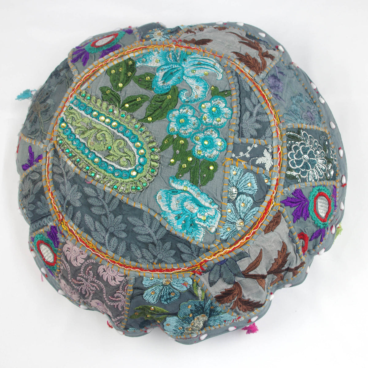 Grey Round Floor Embroidered Patchwork Pouf Ottoman Indian Vintage Cushion Cover 18"