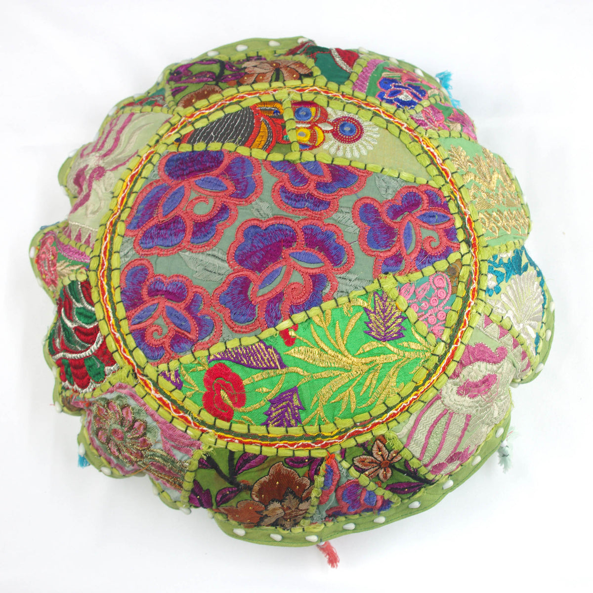 Green Round Floor Embroidered Patchwork Pouf Ottoman Indian Vintage Cushion Cover 18"