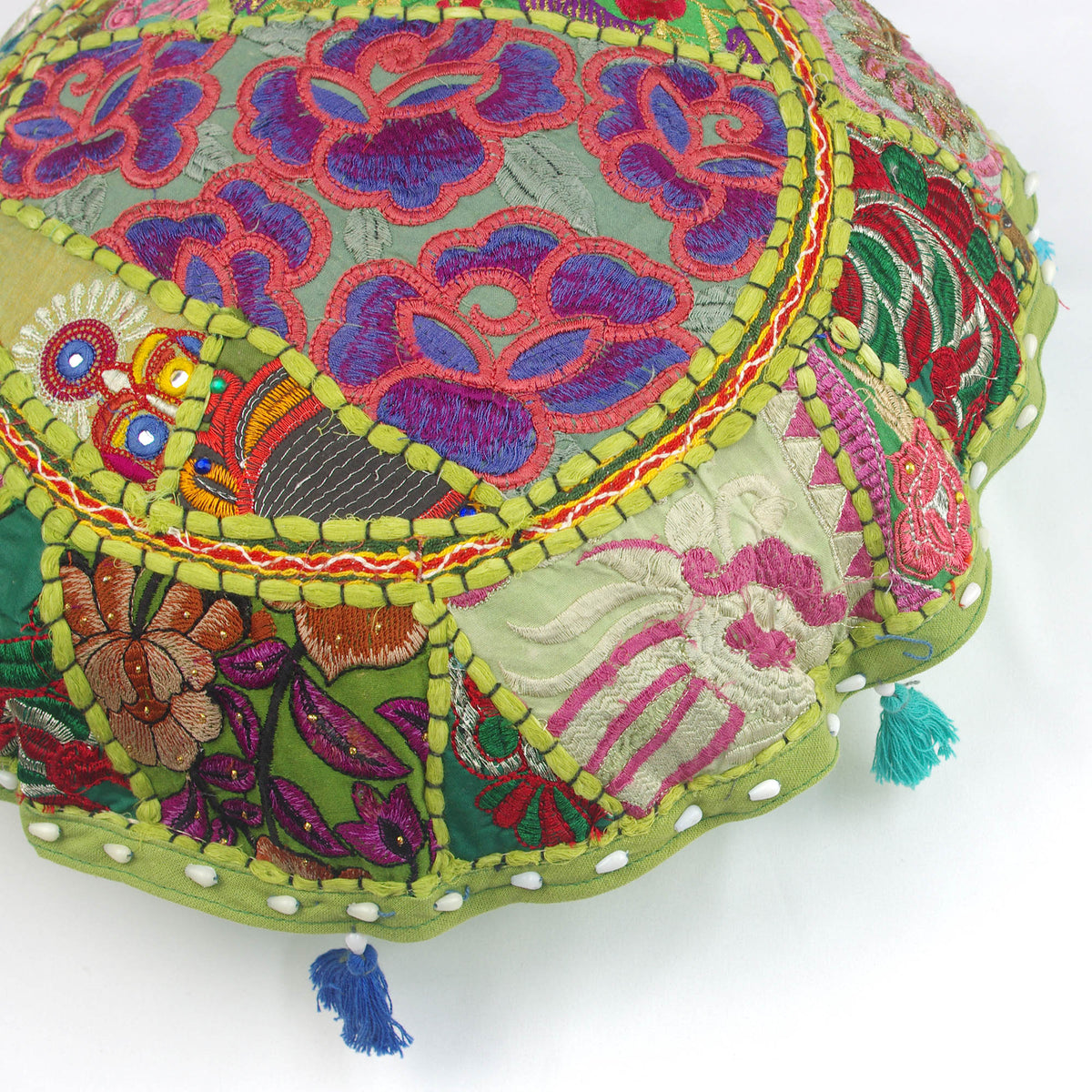 Green Round Floor Embroidered Patchwork Pouf Ottoman Indian Vintage Cushion Cover 18"