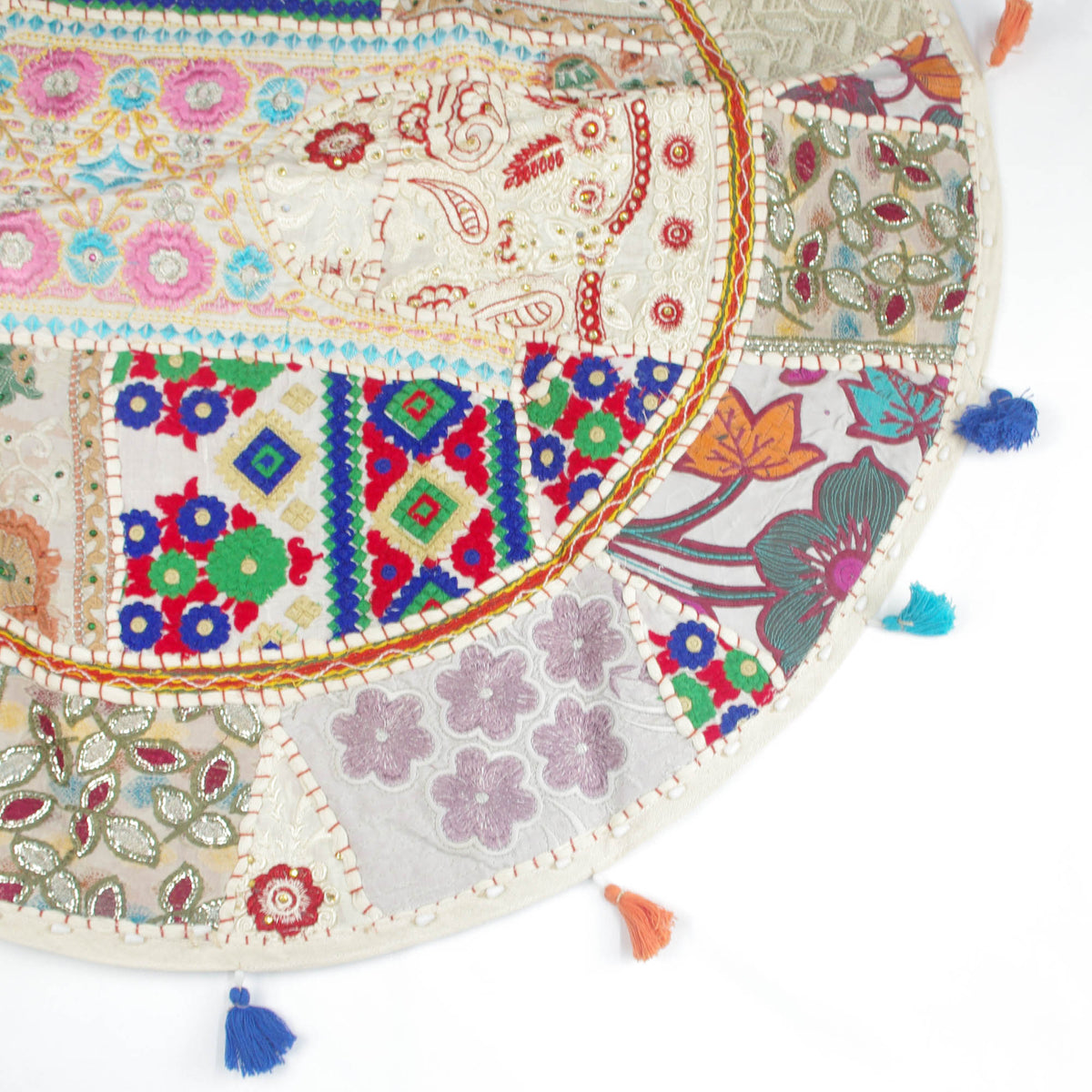 Cream White Round Floor Embroidered Patchwork Pouf Ottoman Indian Vintage Cushion Cover 32"