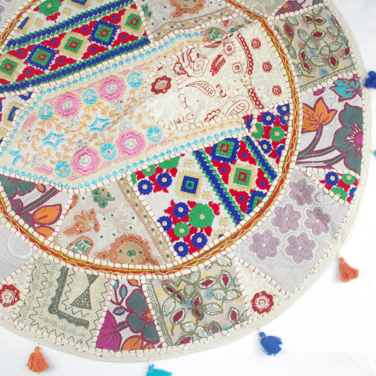 Cream White Round Floor Embroidered Patchwork Pouf Ottoman Indian Vintage Cushion Cover 32"