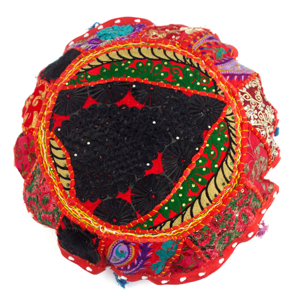 Red Round Floor Embroidered Black Patchwork Pouf Ottoman Indian Vintage Cushion Cover 18"