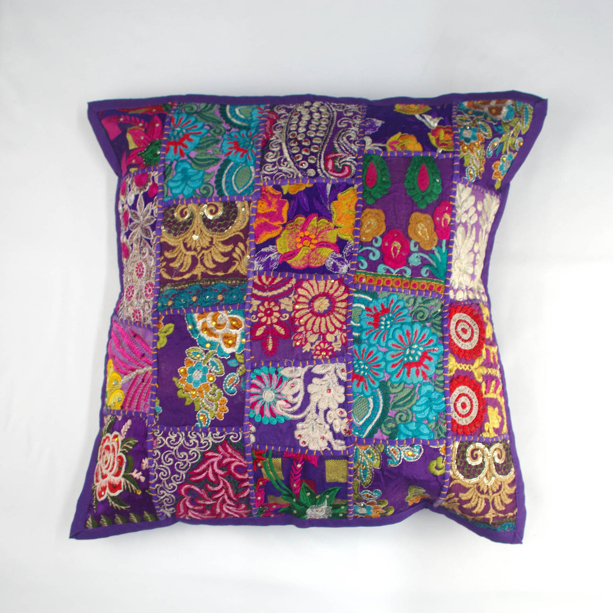 Square Floor Embroidered Patchwork Pouf Ottoman Indian Vintage Cushion Cover 20"