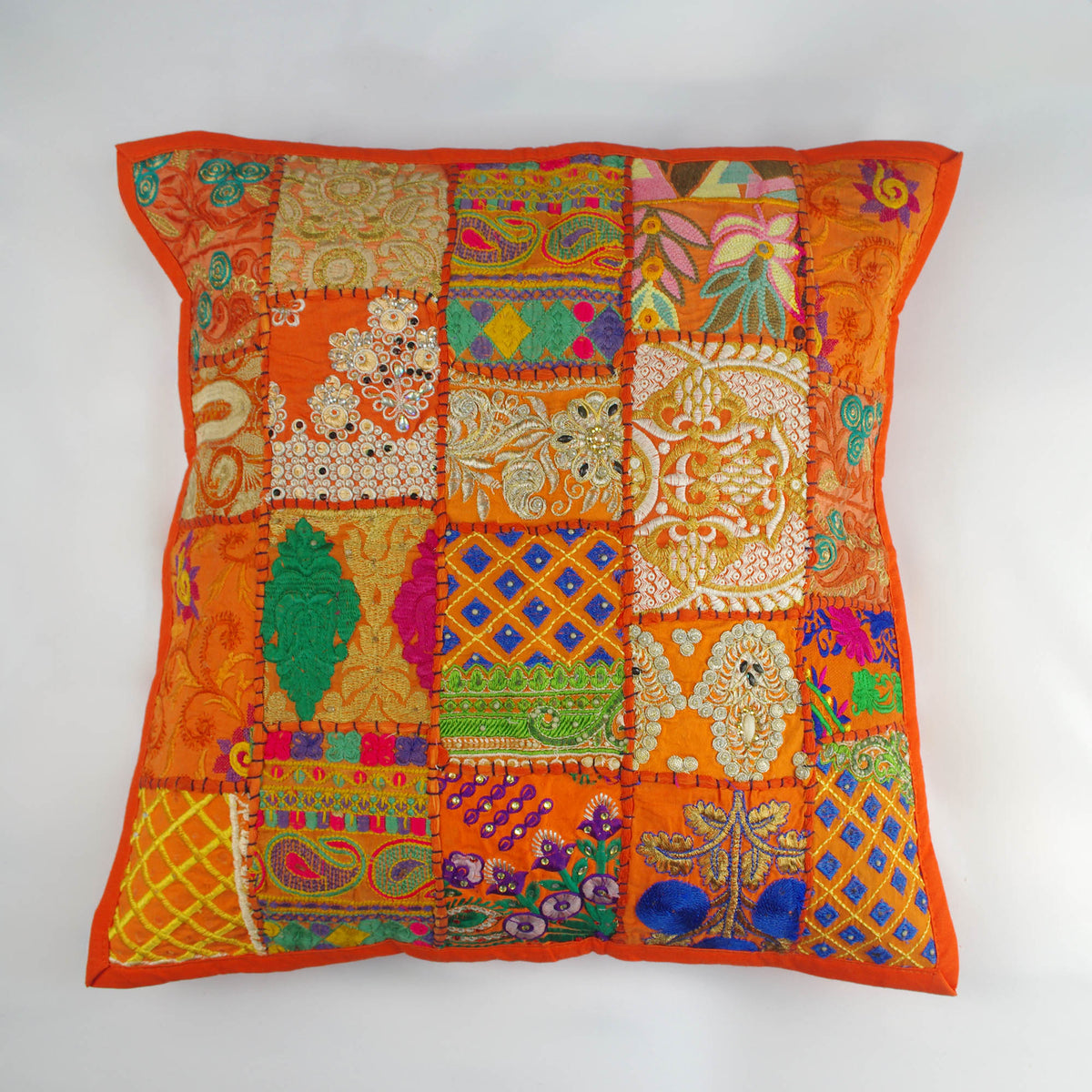 Orange Square Floor Embroidered Patchwork Pouf Ottoman Indian Vintage Cushion Cover 20"