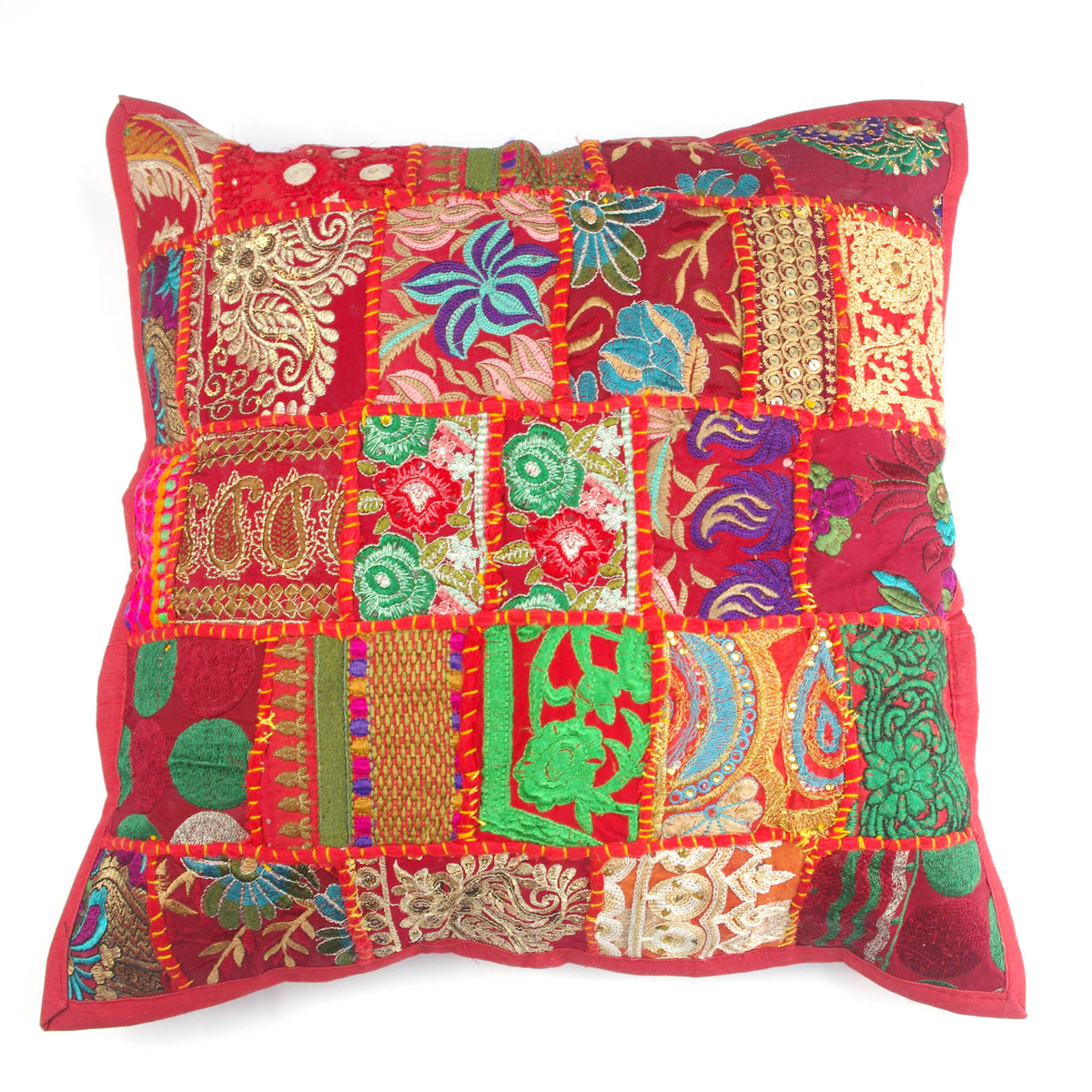 Red Square Floor Embroidered Patchwork Pouf Ottoman Indian Vintage Cushion Cover 20"