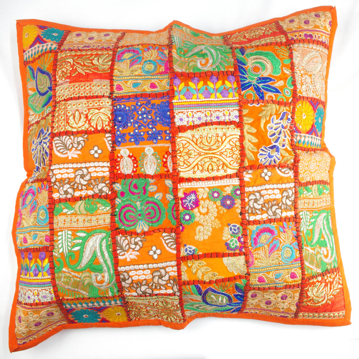 Square Floor Orange Embroidered Patchwork Pouf Ottoman Indian Vintage Cushion Cover 24"