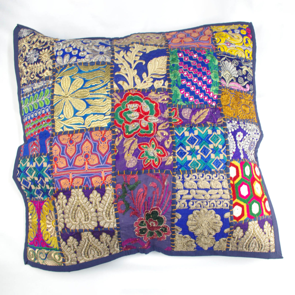 Indigo Square Floor Embroidered Patchwork Pouf Ottoman Indian Vintage Cushion Cover 24"