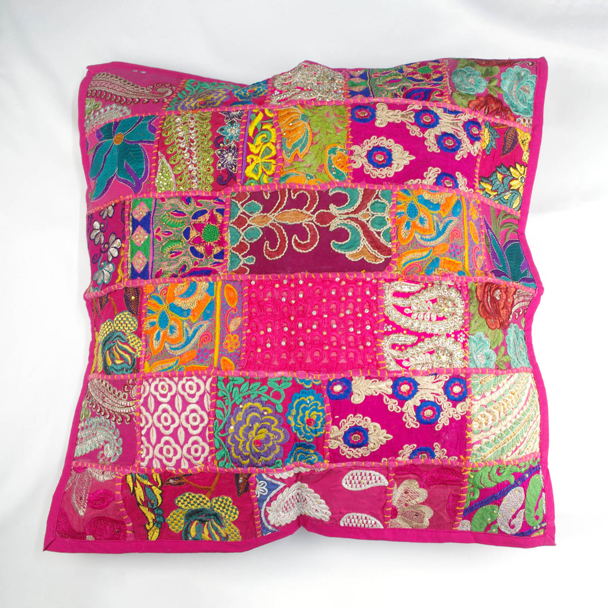 Square Hot Pink Floor Embroidered Patchwork Pouf Ottoman Indian Vintage Cushion Cover 24"