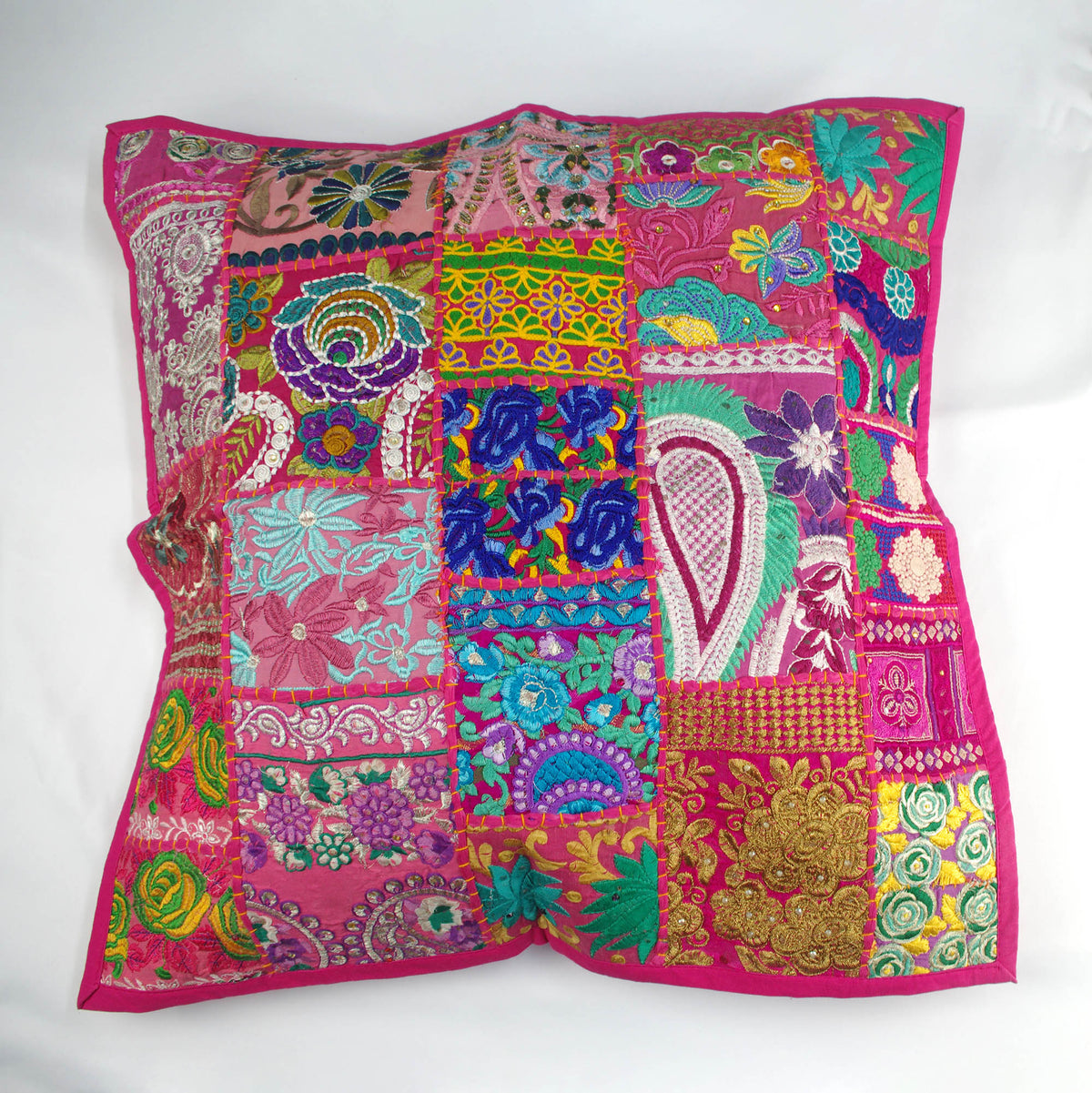 Square Floor Embroidered Patchwork Pouf Ottoman Indian Vintage Cushion Cover 24" - Hot Pink