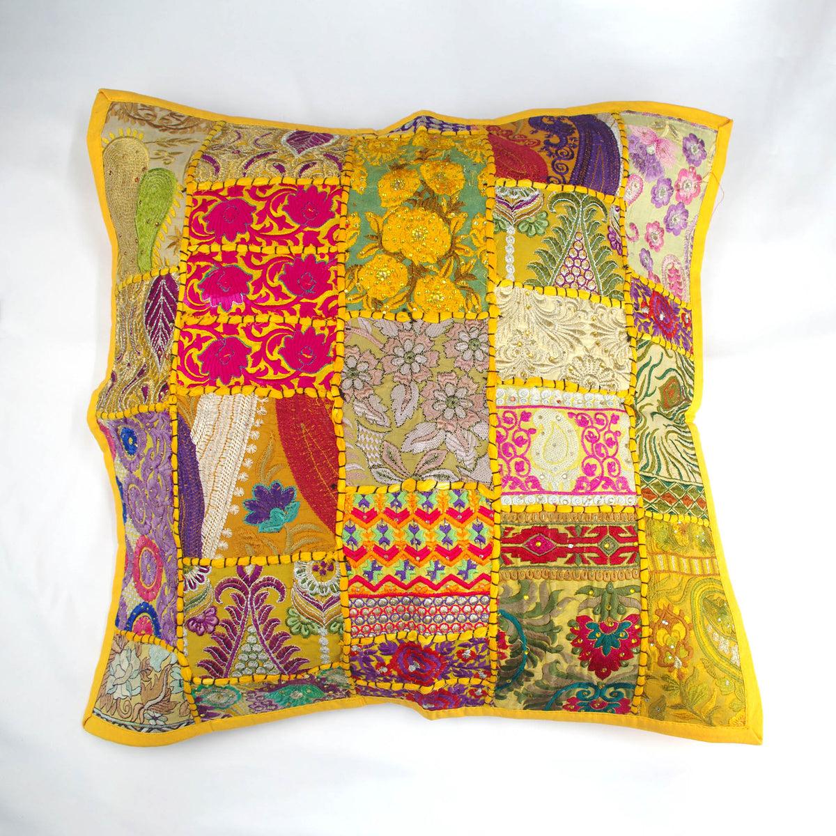 Square Floor Embroidered Patchwork Pouf Ottoman Indian Vintage Cushion Cover 24"- Yellow