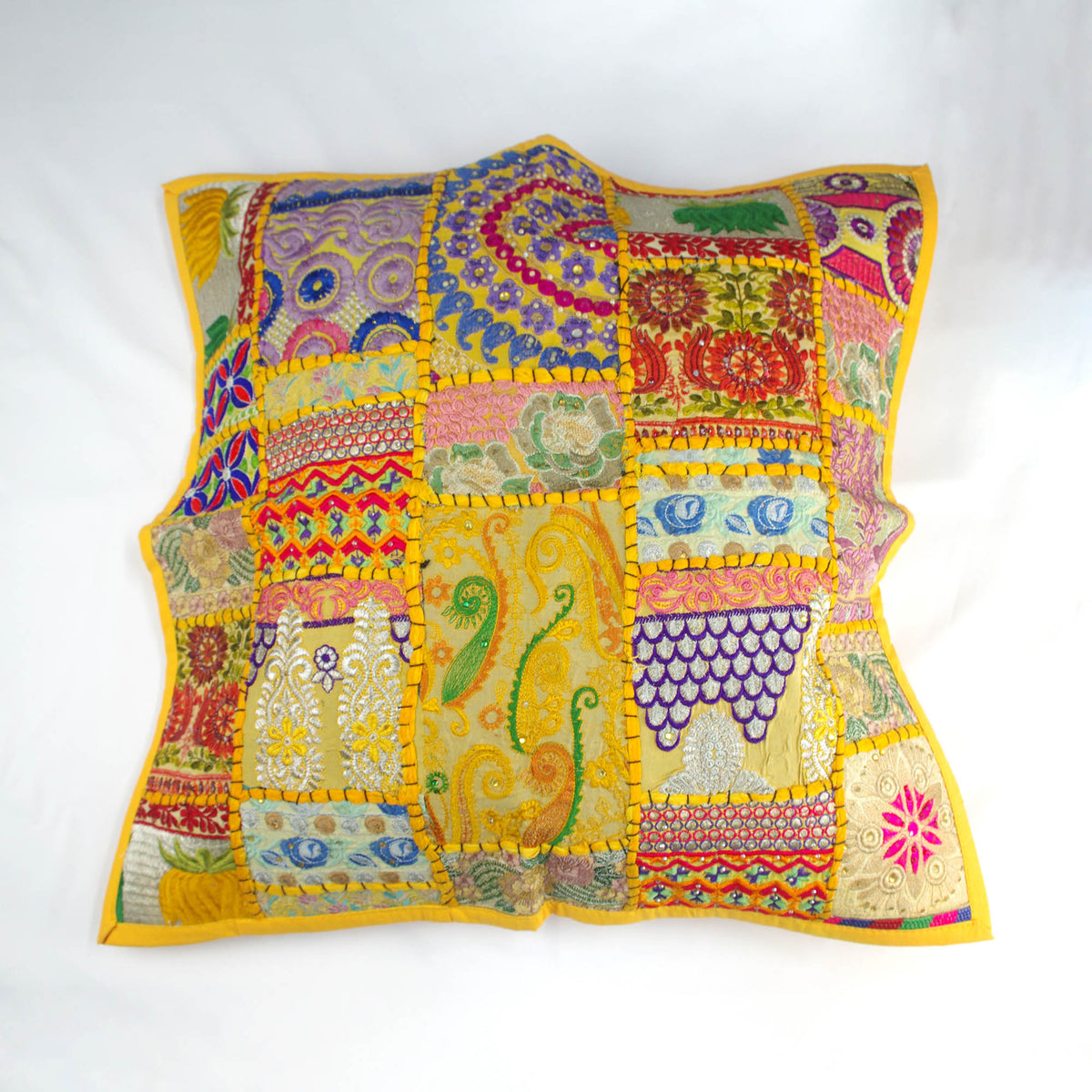 Yellow Square Floor Embroidered Patchwork Pouf Ottoman Indian Vintage Cushion Cover 24"