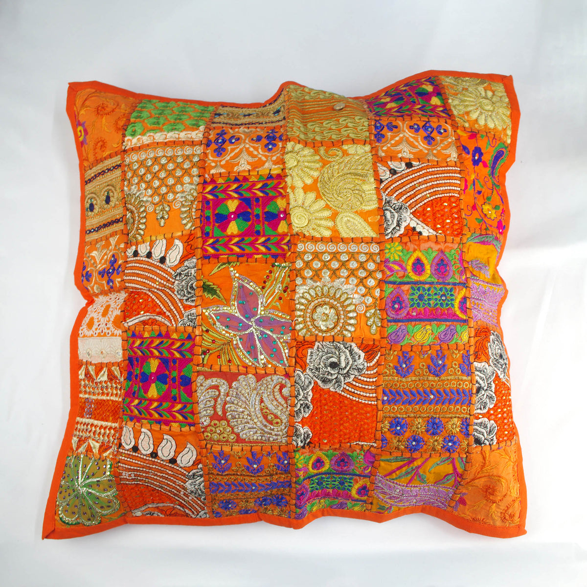 Square Floor Embroidered Patchwork Pouf Ottoman Indian Vintage Cushion Cover 24"- orange