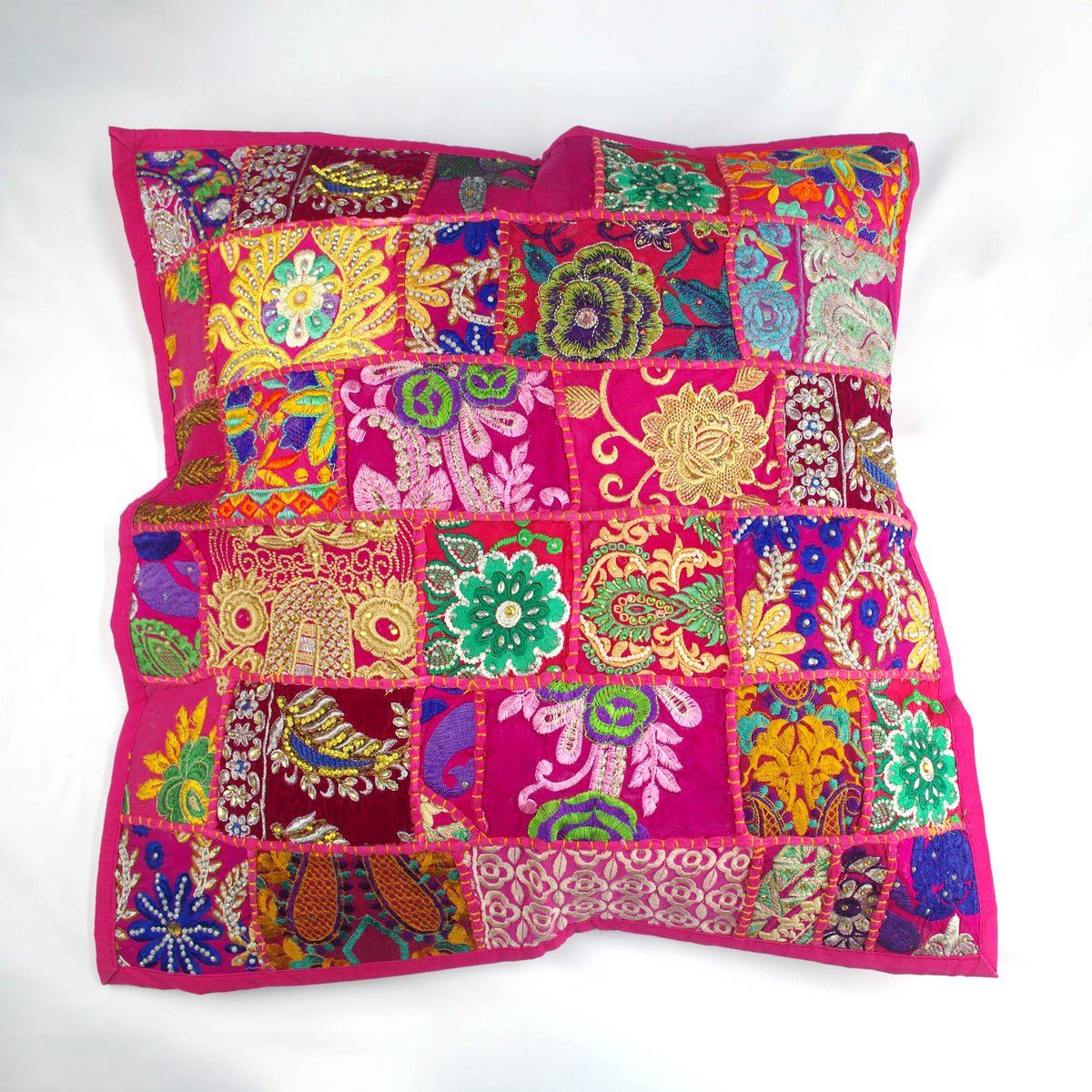 Paisley Pink Square Floor Embroidered Patchwork Pouf Ottoman Indian Vintage Cushion Cover 24"