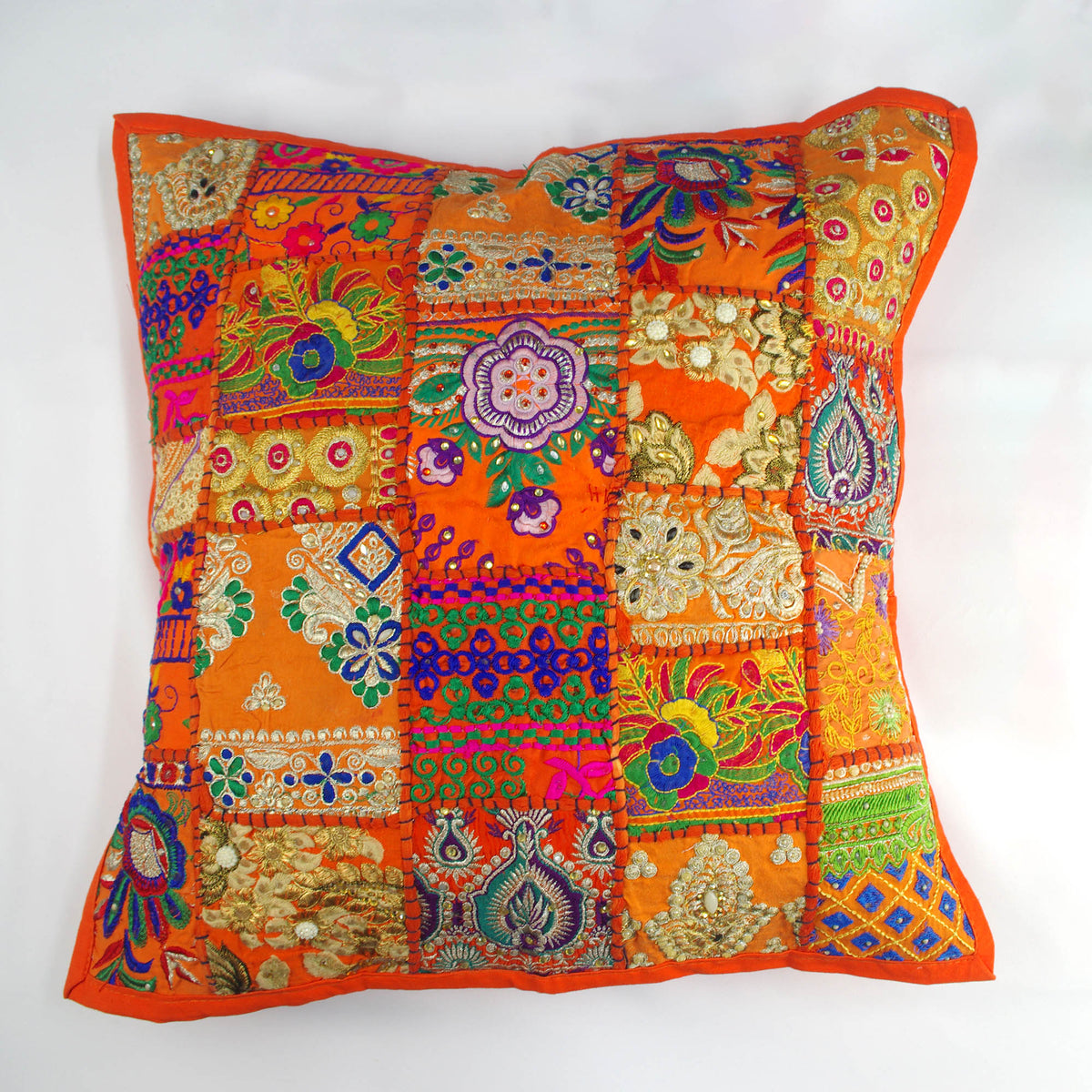 Square Floor Embroidered Patchwork Pouf Ottoman Indian Vintage Cushion Cover 20" - Orange