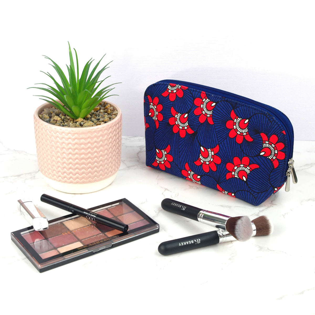 Canvas Wash Bag /Makeup Pouch - Red Flowers On Blue
