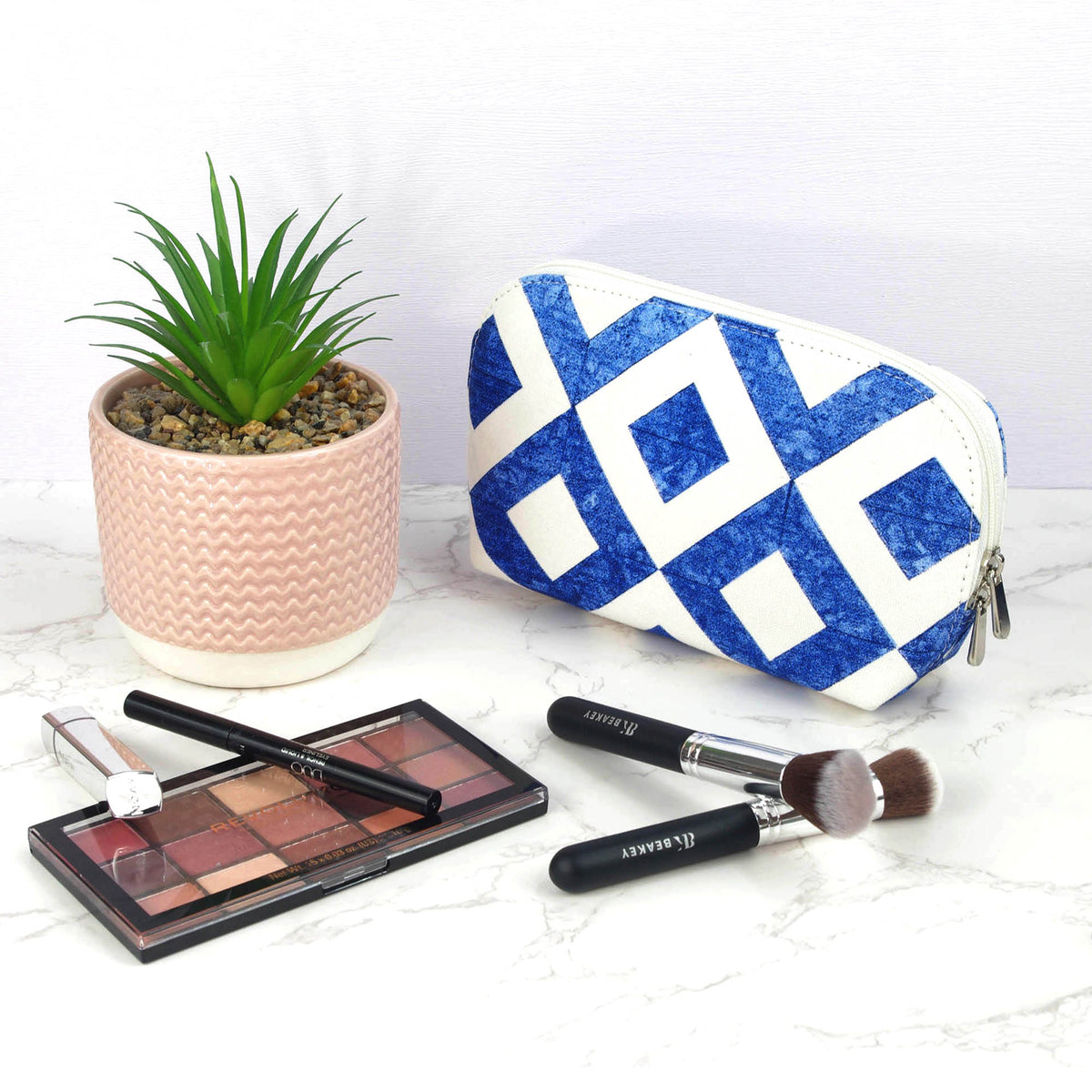 Canvas Wash Bag /Makeup Pouch - White And Blue Square