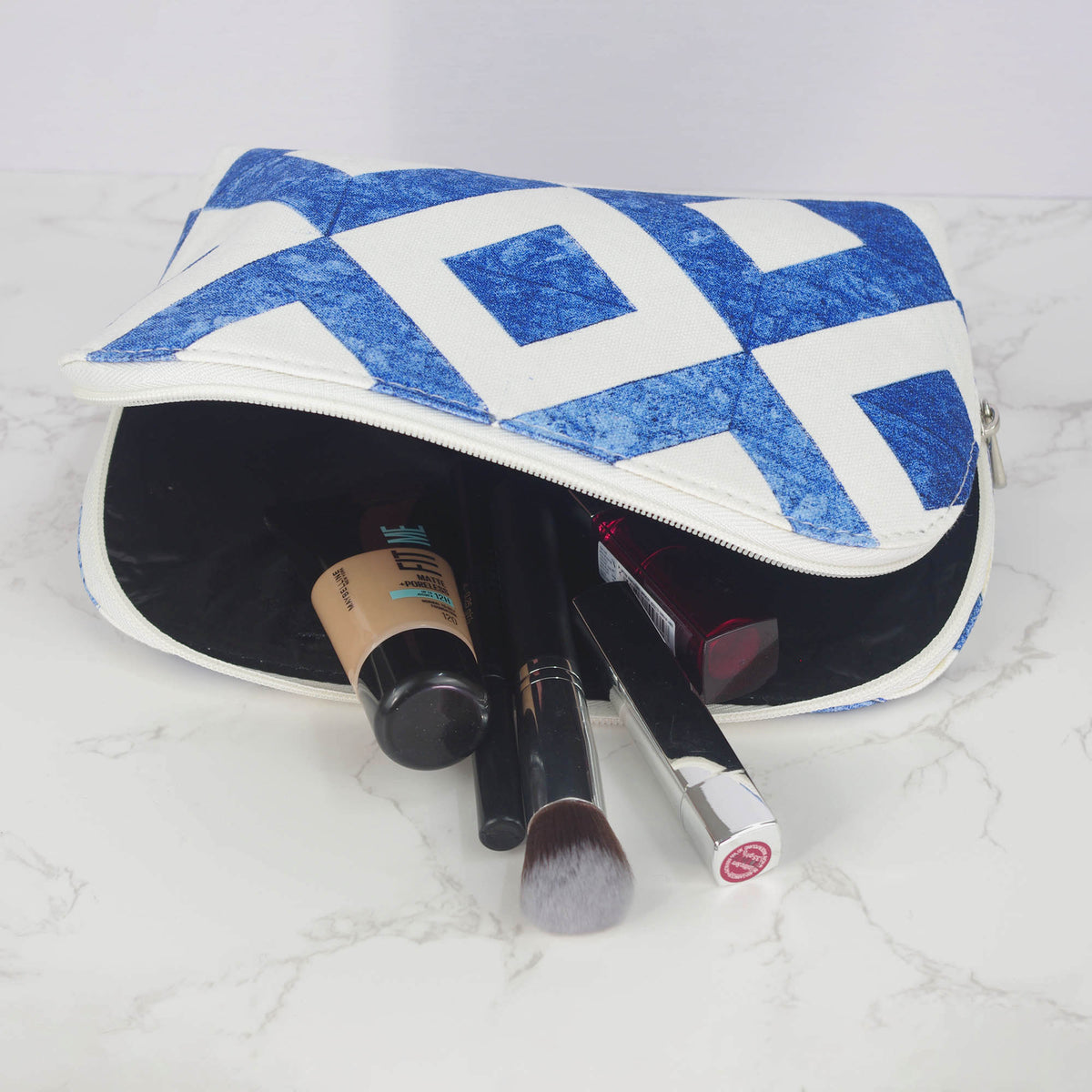 Canvas Wash Bag /Makeup Pouch - White And Blue Square