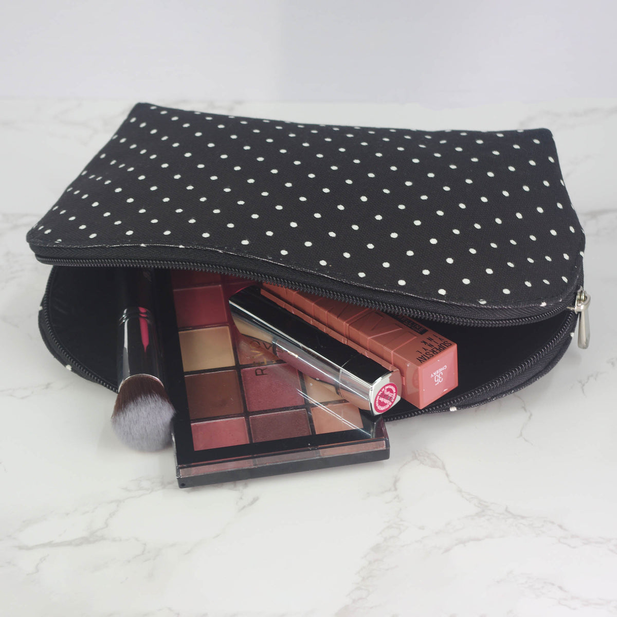 Canvas Wash Bag /Makeup Pouch - Black Polaka Dots