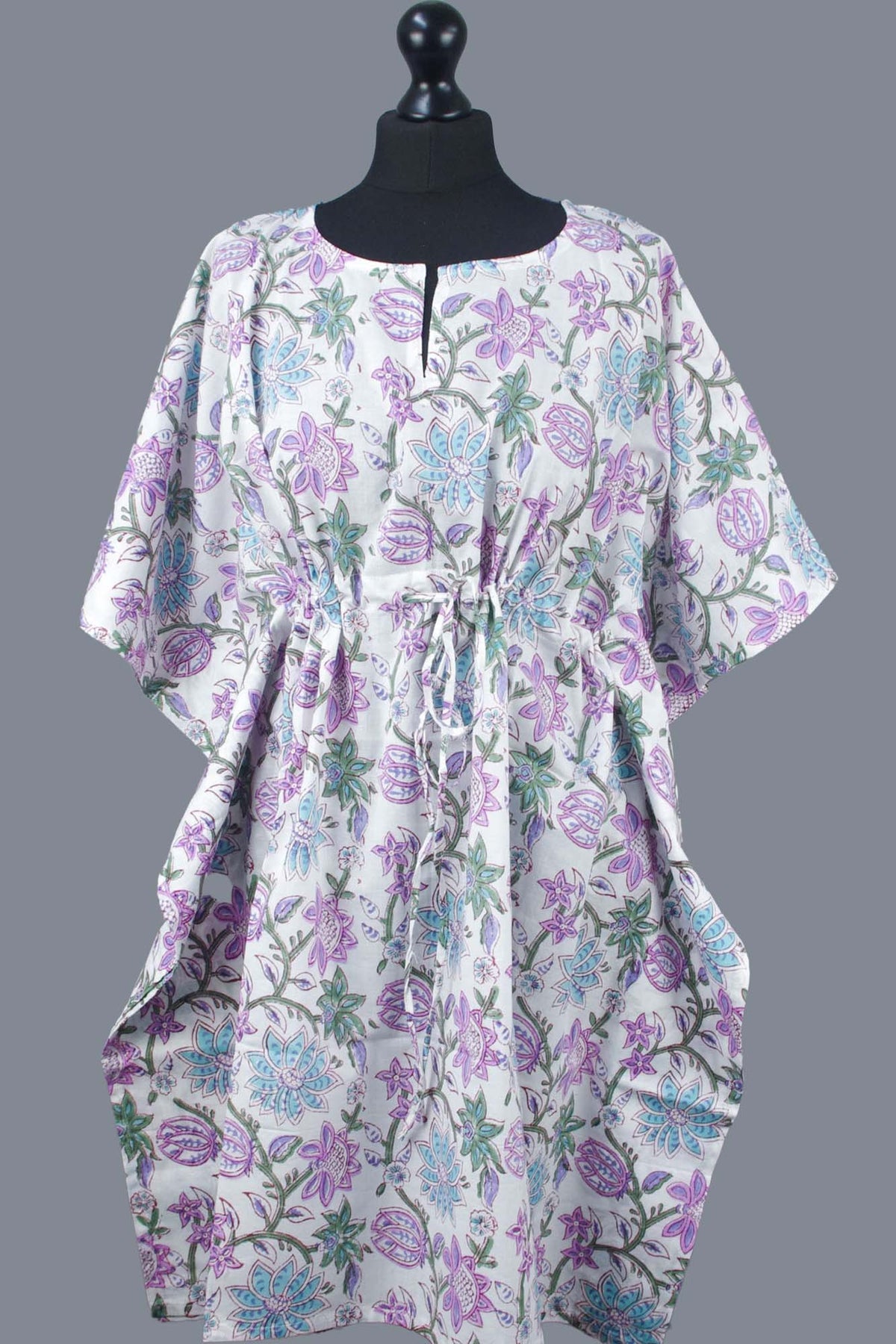 Block Printed Cotton Coverup / Kaftans - Mauve Flowers On White