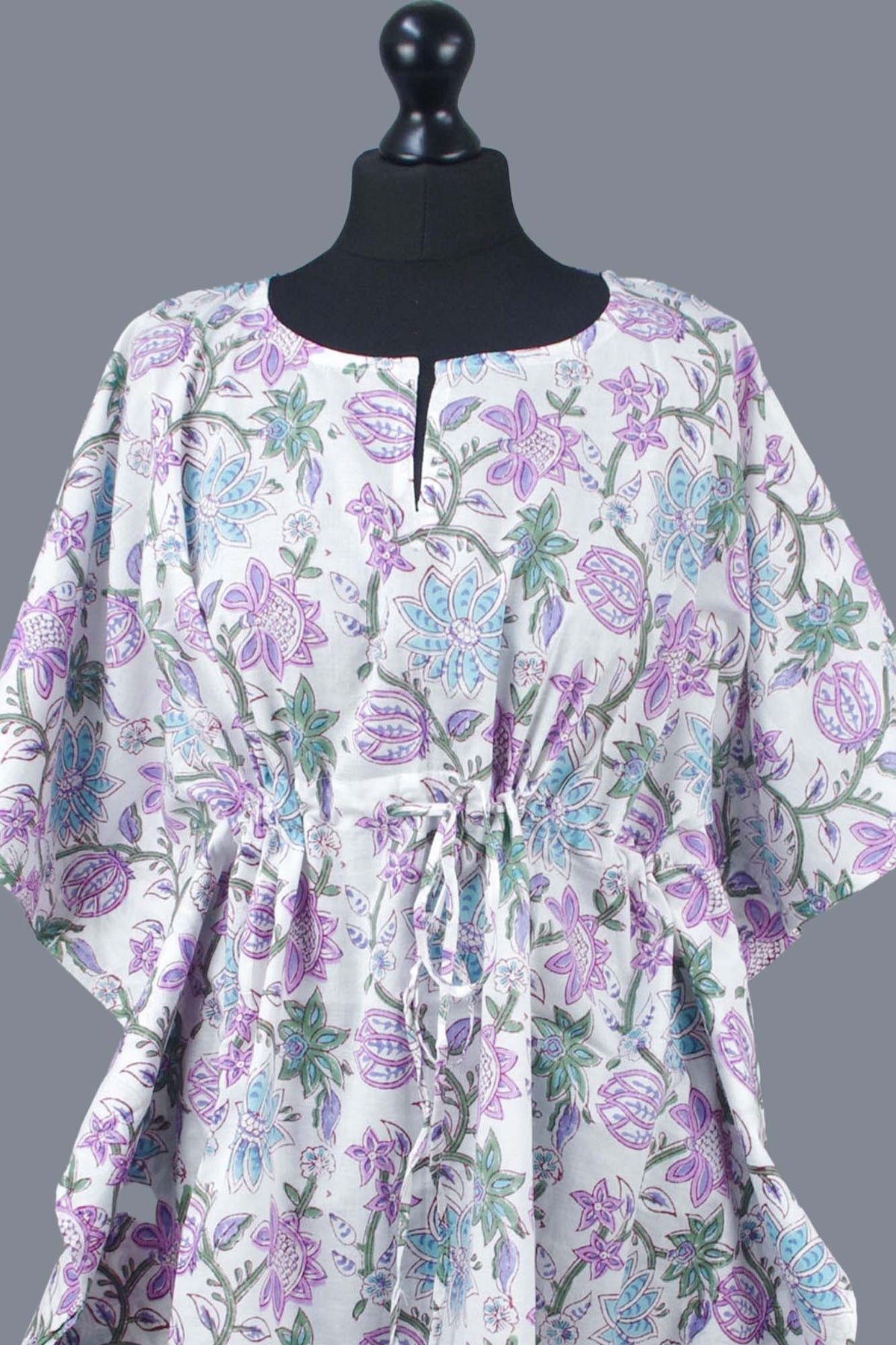 Block Printed Cotton Coverup / Kaftans - Mauve Flowers On White