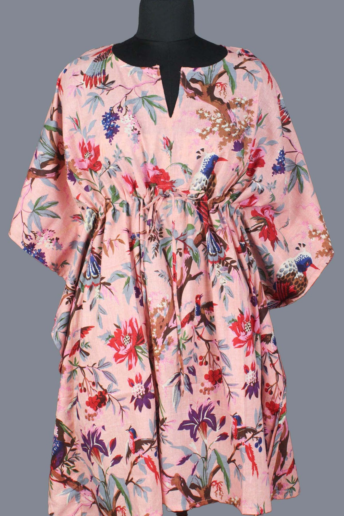 Block Printed Cotton Coverup / Kaftans - Peach Bird