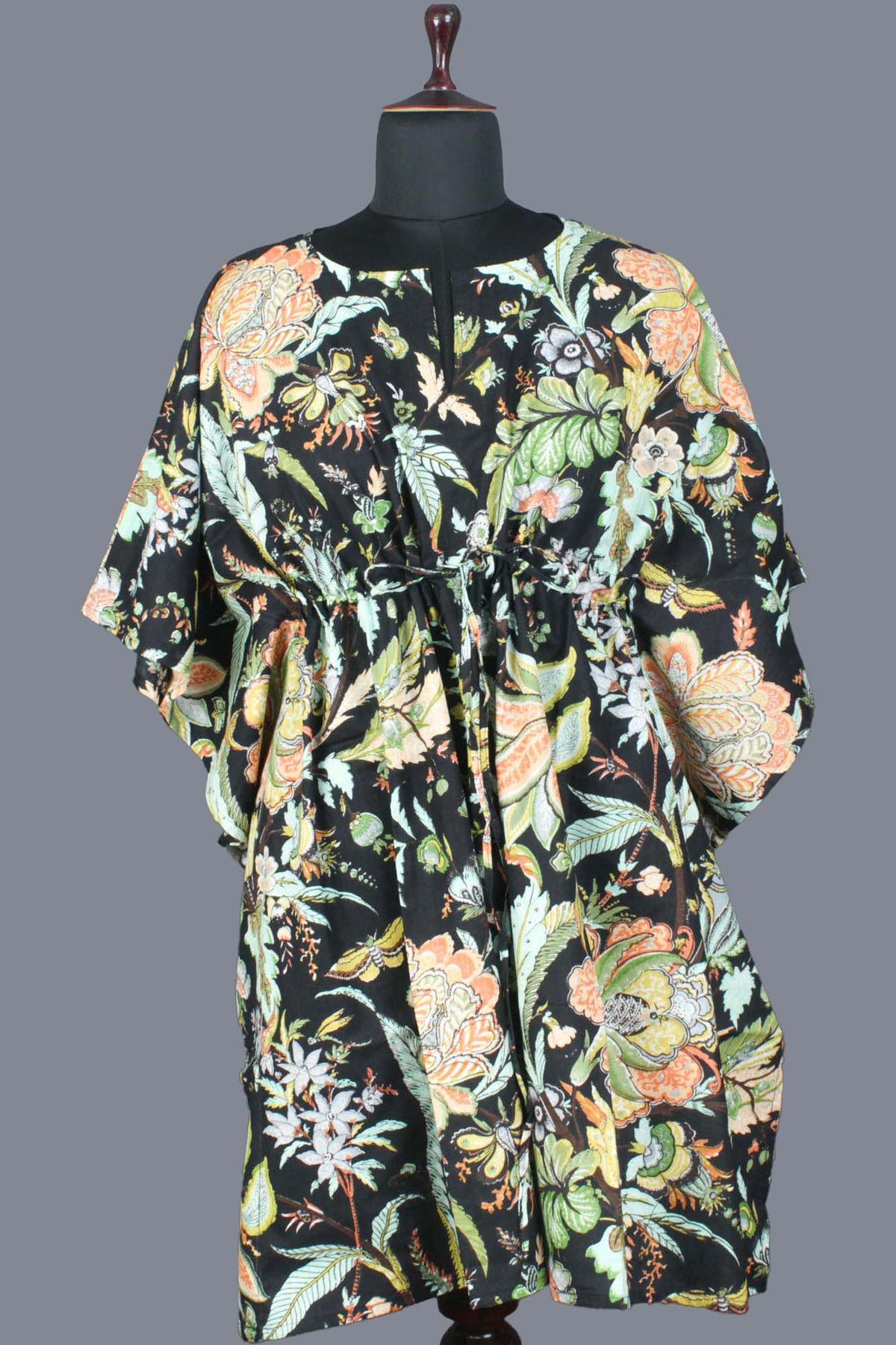 Block Printed Cotton Coverup / Kaftans - Tropical Black