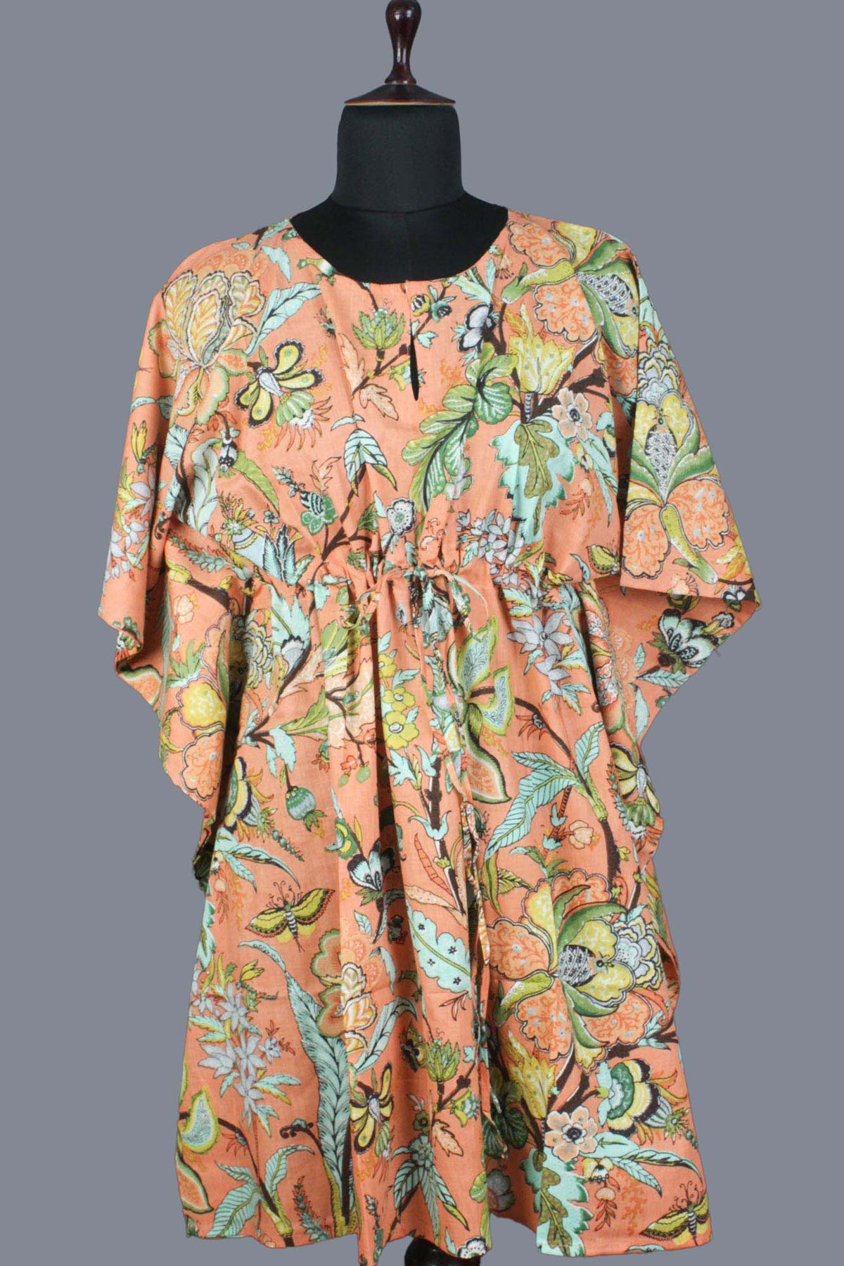 Block Printed Cotton Coverup / Kaftans - Tropical Peach Orange