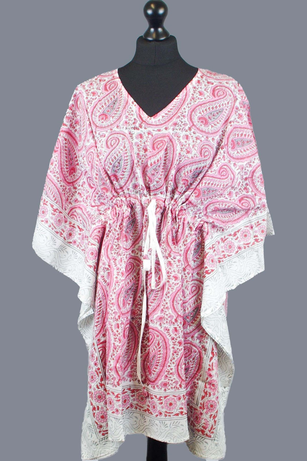Short Cotton Coverup Kaftans With Border- Pink Paisley