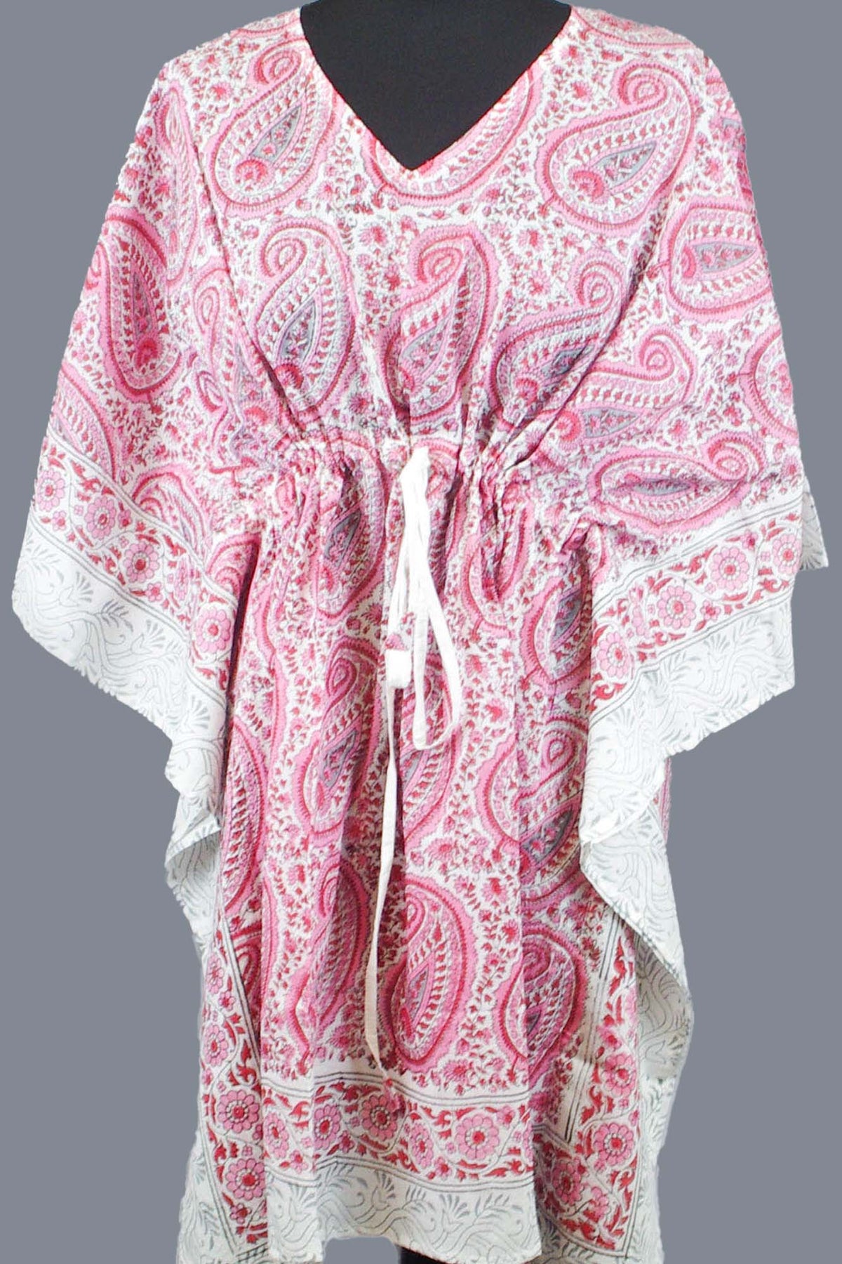 Short Cotton Coverup Kaftans With Border- Pink Paisley