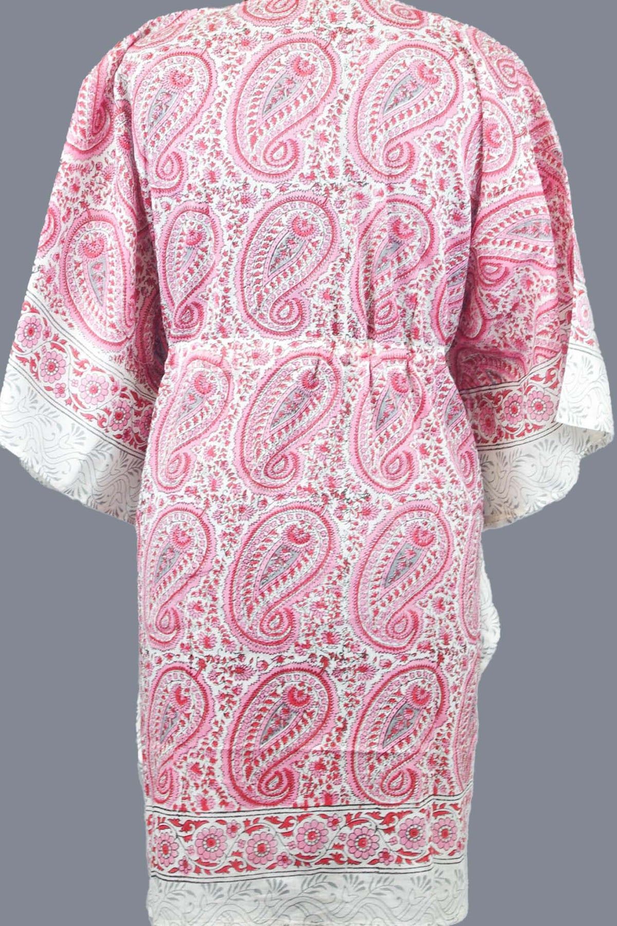 Short Cotton Coverup Kaftans With Border- Pink Paisley